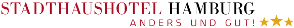 Logo des Hotels: Drei Sterne und der Schriftzug Stadthaushotel Hamburg â€“ anders und gut!
